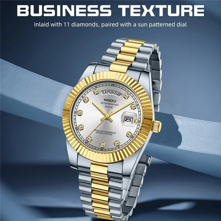 NIBOSI 2627 Rhinestone Dekor Männer Stahlarmband Kalender Quarzuhr - Silberarmband / Weißes Zifferblatt