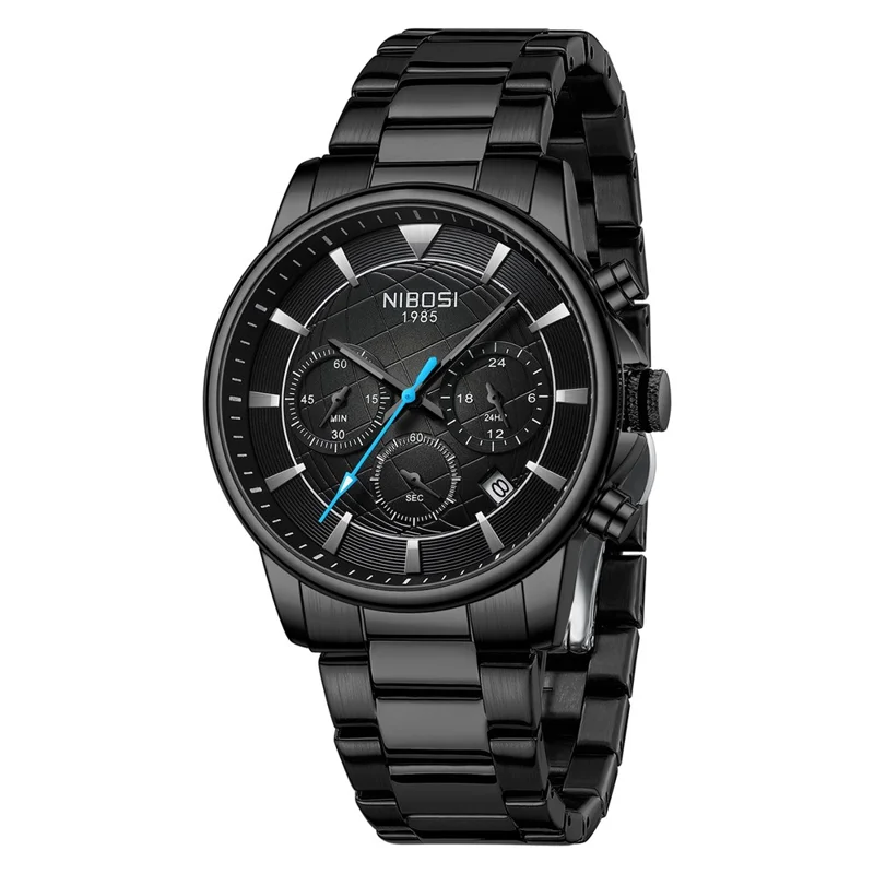 NIBOSI 2630 Steel Strap Business Men 3 Sub-Dials Luminous Quartz Watch - Black