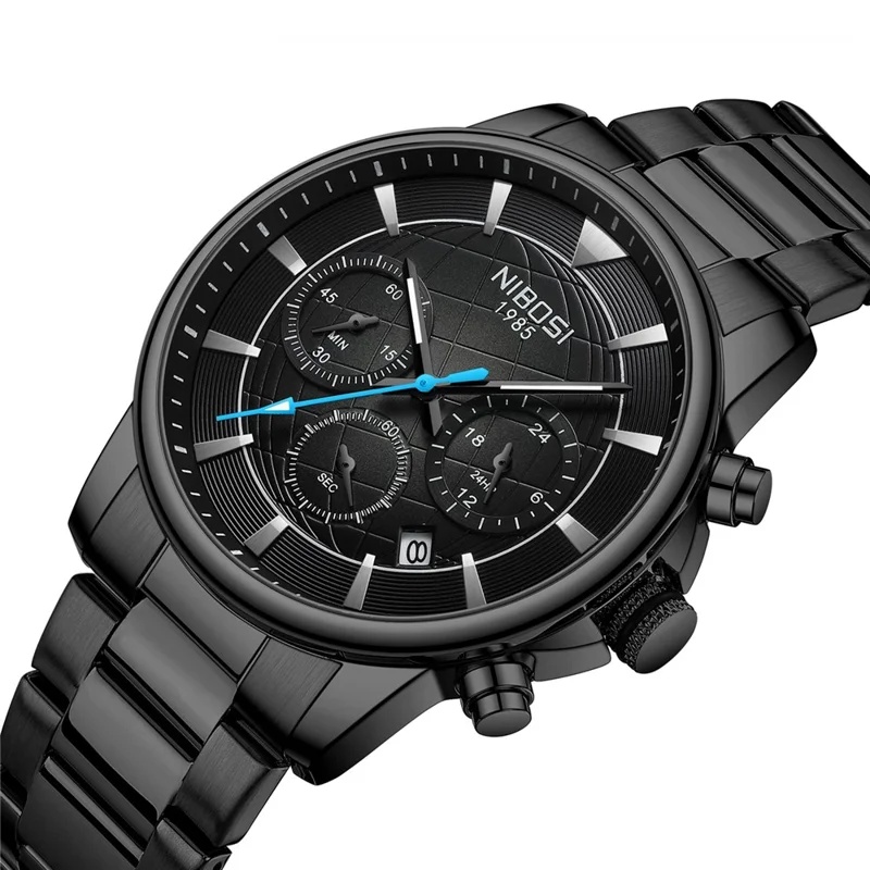 NIBOSI 2630 Steel Strap Business Men 3 Sub-Dials Luminous Quartz Watch - Black