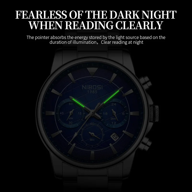 NIBOSI 2630 Steel Strap Business Men 3 Sub-Dials Luminous Quartz Watch - Black