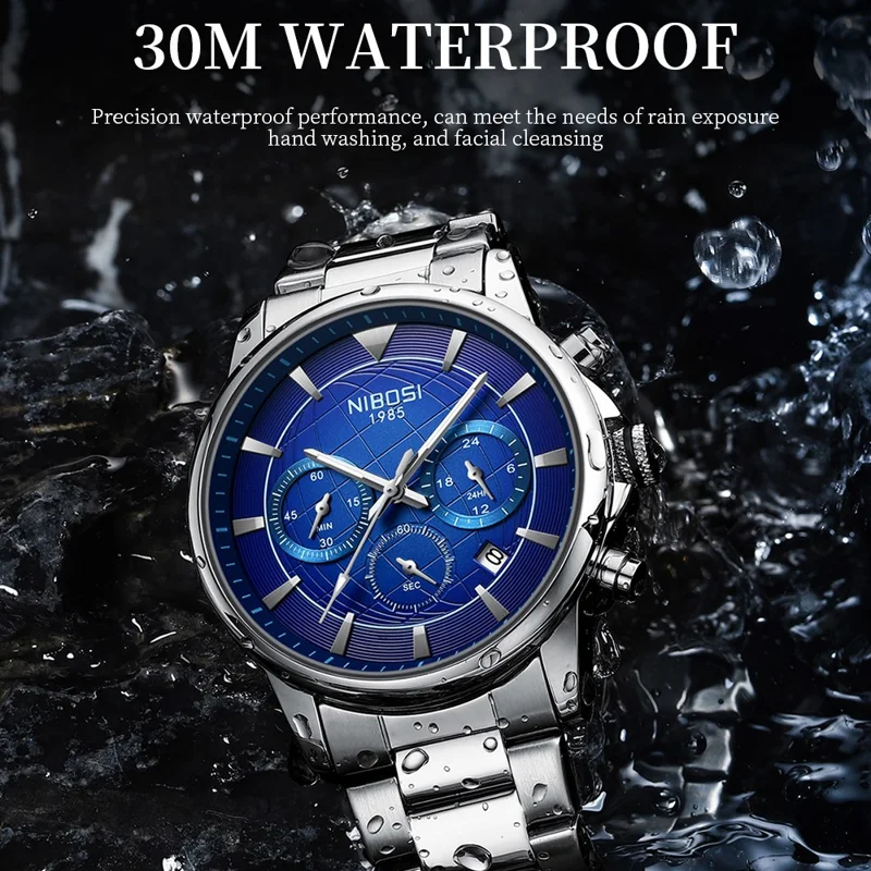 NIBOSI 2630 Steel Strap Business Men 3 Sub-Dials Luminous Quartz Watch - Black