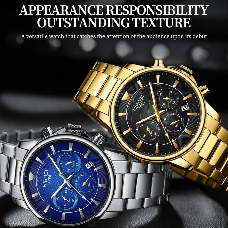 NIBOSI 2630 Steel Strap Business Men 3 Sub-Dials Luminous Quartz Watch - Black