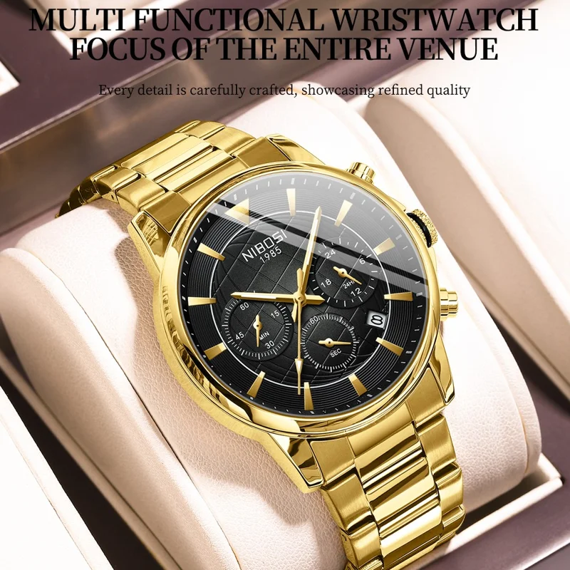 NIBOSI 2630 Steel Strap Business Men 3 Sub-Dials Luminous Quartz Watch - Black