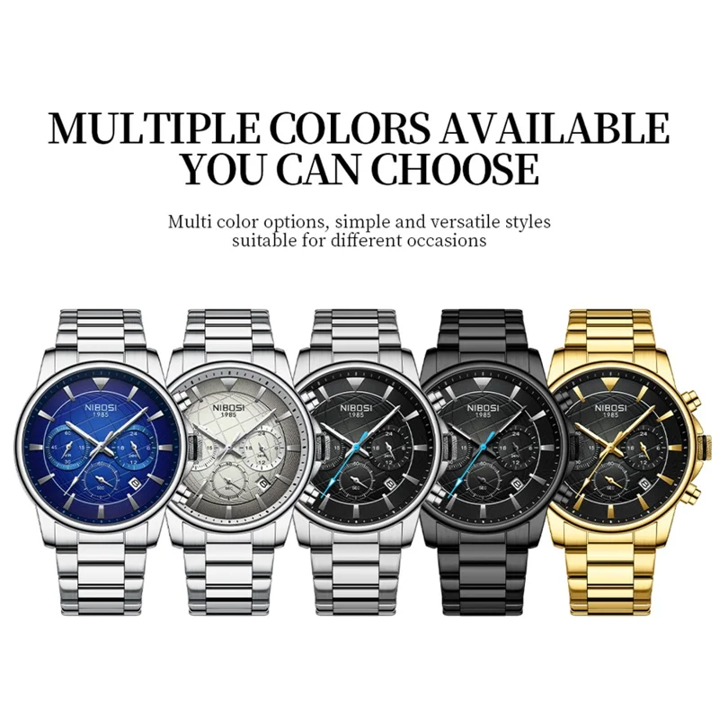 NIBOSI 2630 Steel Strap Business Men 3 Sub-Dials Luminous Quartz Watch - Black