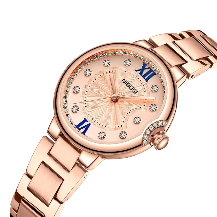 NIBOSI 3005 Rhinestone Decor Stylish Steel Strap Women Quartz Watch - Rose Gold