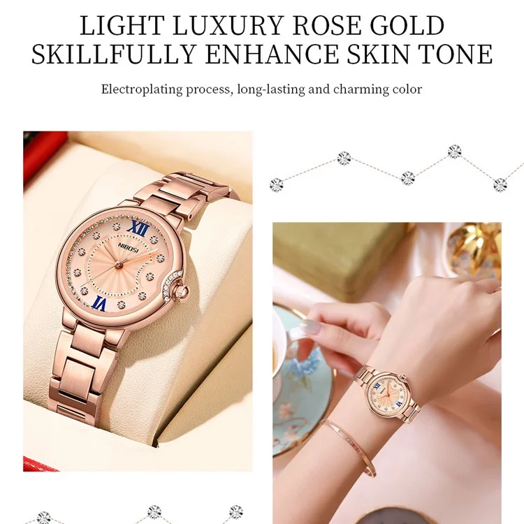 NIBOSI 3005 Rhinestone Decor Stylish Steel Strap Women Quartz Watch - Rose Gold