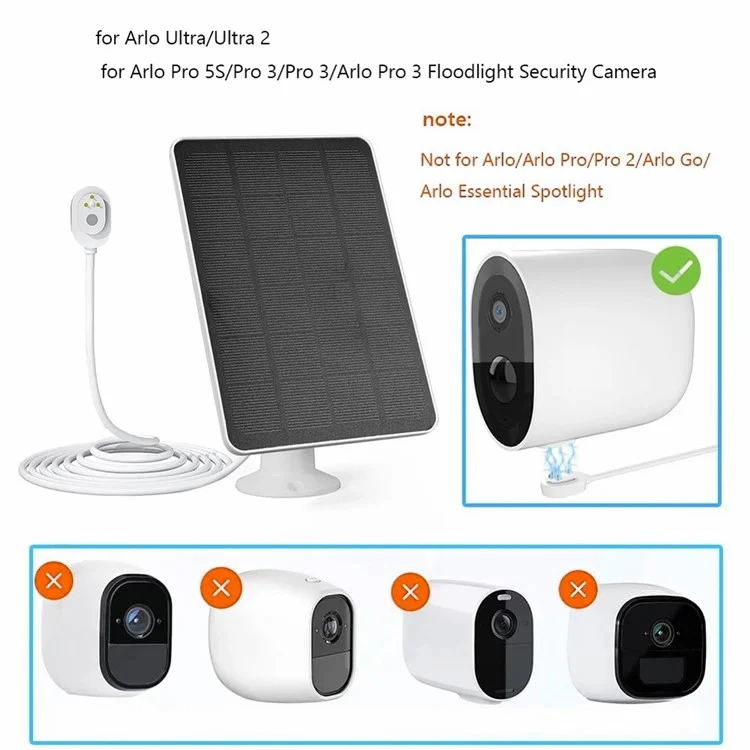 Solar Panel for Arlo Pro 4 / Ultra 2 / Pro 3 / Ultra / Pro 5S Surveillance Camera Charging Panel - Black