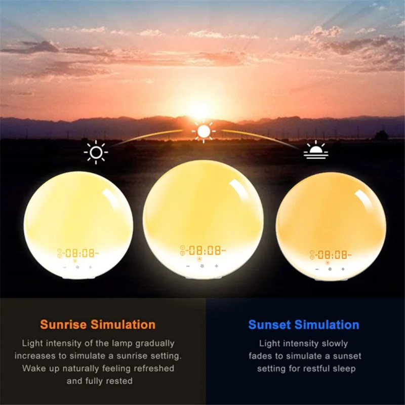 SH-01 Sunrise/Sunset Simulation Smart Wake Up Lamp Alarm Clock 7 Color Atmosphere Lamp with FM Function - Japanese Plug
