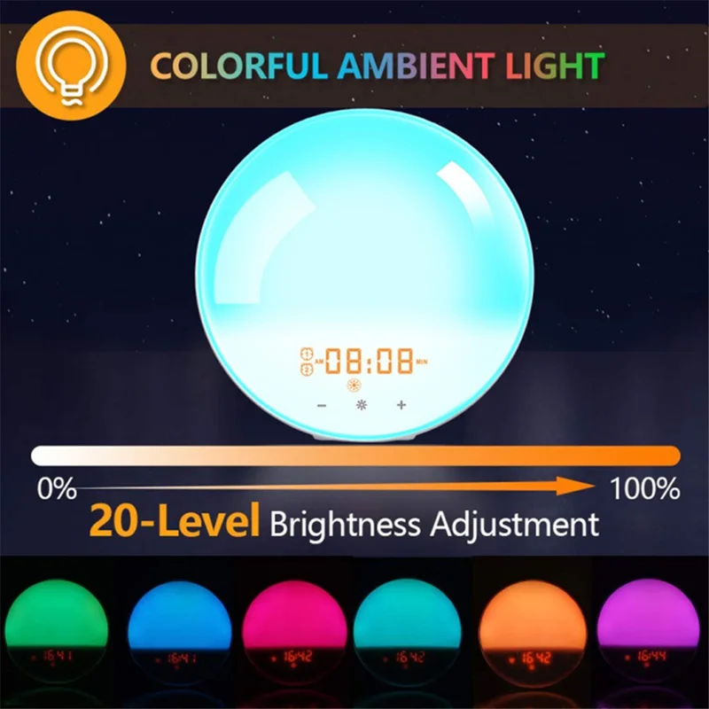 SH-01 Sunrise/Sunset Simulation Smart Wake Up Lamp Alarm Clock 7 Color Atmosphere Lamp with FM Function - Japanese Plug