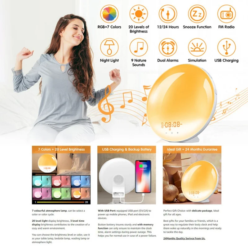 SH-01 Sunrise/Sunset Simulation Smart Wake Up Lamp Alarm Clock 7 Color Atmosphere Lamp with FM Function - Japanese Plug