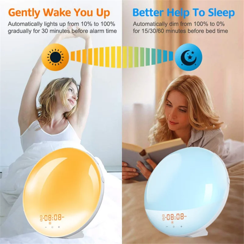 SH-01 Sunrise/Sunset Simulation Smart Wake Up Lamp Alarm Clock 7 Color Atmosphere Lamp with FM Function - Japanese Plug