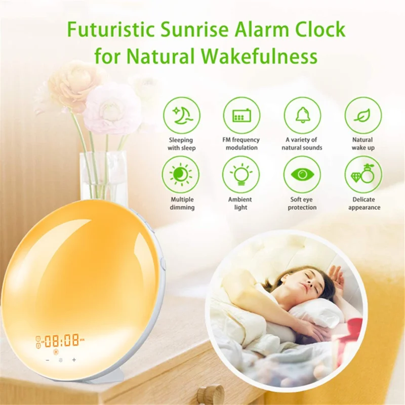 SH-01 Sunrise/Sunset Simulation Smart Wake Up Lamp Alarm Clock 7 Color Atmosphere Lamp with FM Function - Japanese Plug