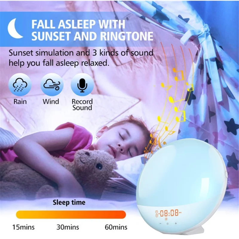 SH-01 Sunrise/Sunset Simulation Smart Wake Up Lamp Alarm Clock 7 Color Atmosphere Lamp with FM Function - Japanese Plug