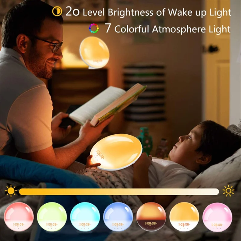 SH-01 Sunrise/Sunset Simulation Smart Wake Up Lamp Alarm Clock 7 Color Atmosphere Lamp with FM Function - Japanese Plug