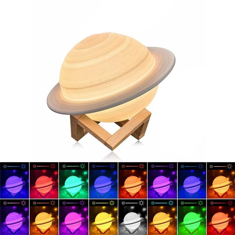 22 cm Saturn Lampe mit Holzständer, 16 Farben LED 3D-Druck-Dekor, USB aufladbar, mit Fernbedienung und Berührungssteuerung, Nachtlicht für Kinderzimmer