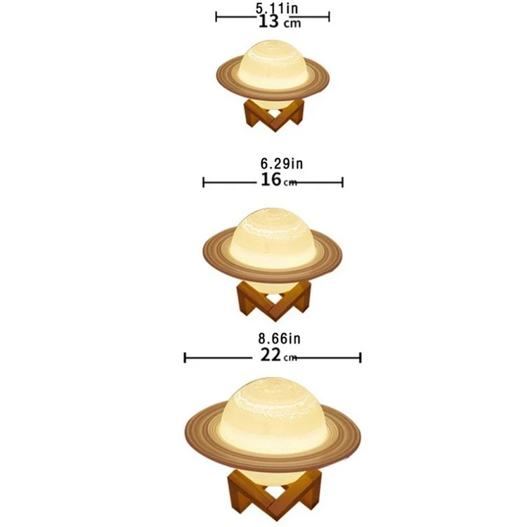 22 cm Saturn Lampe mit Holzständer, 16 Farben LED 3D-Druck-Dekor, USB aufladbar, mit Fernbedienung und Berührungssteuerung, Nachtlicht für Kinderzimmer