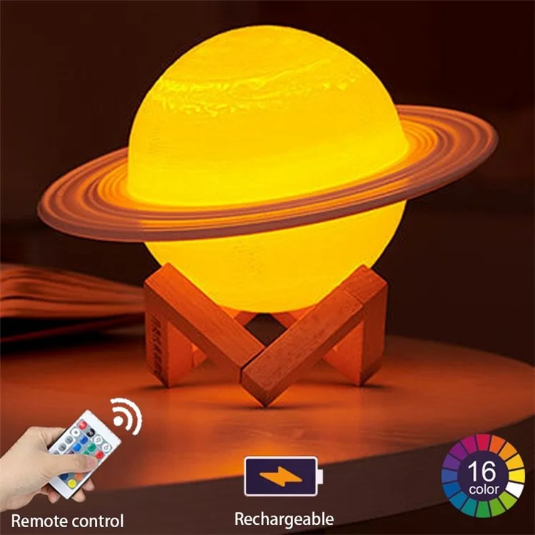 22 cm Saturn Lampe mit Holzständer, 16 Farben LED 3D-Druck-Dekor, USB aufladbar, mit Fernbedienung und Berührungssteuerung, Nachtlicht für Kinderzimmer