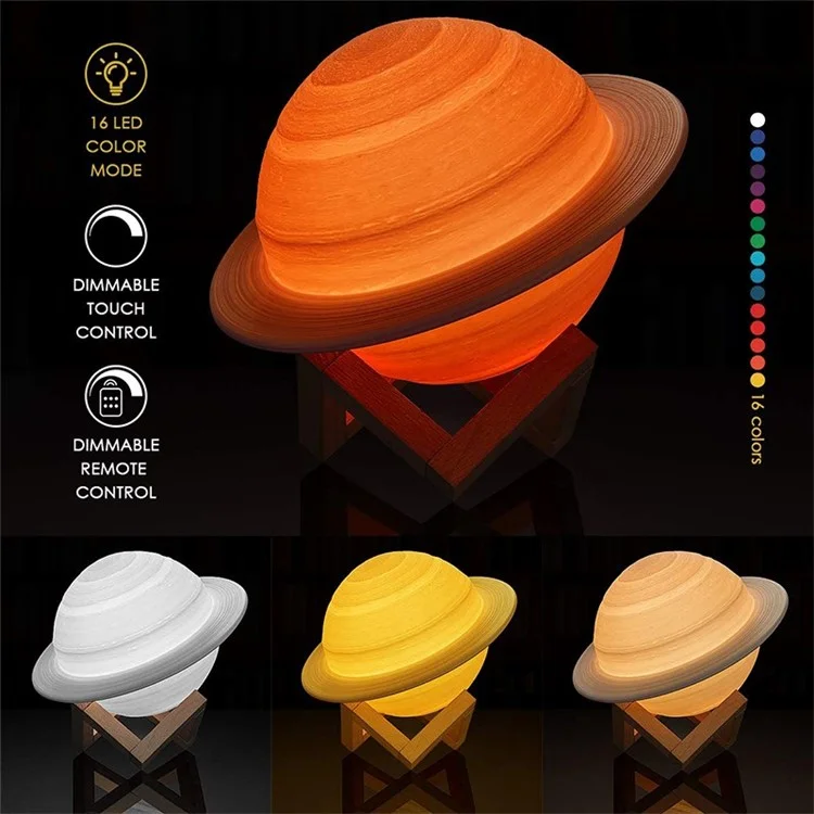 22cm Saturn Lamp with Wood Stand 16 Colors LED 3D Print Decor USB Rechargeable Remote & Touch Control Nursery Night Light