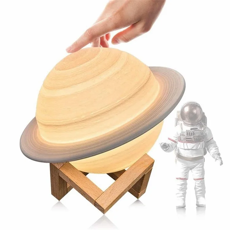 22 cm Saturn Lampe mit Holzständer, 16 Farben LED 3D-Druck-Dekor, USB aufladbar, mit Fernbedienung und Berührungssteuerung, Nachtlicht für Kinderzimmer