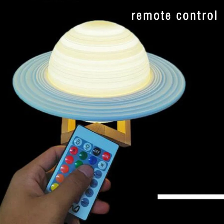 22 cm Saturn Lampe mit Holzständer, 16 Farben LED 3D-Druck-Dekor, USB aufladbar, mit Fernbedienung und Berührungssteuerung, Nachtlicht für Kinderzimmer