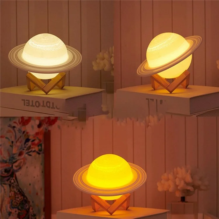 22cm Saturn Lamp with Wood Stand 16 Colors LED 3D Print Decor USB Rechargeable Remote & Touch Control Nursery Night Light