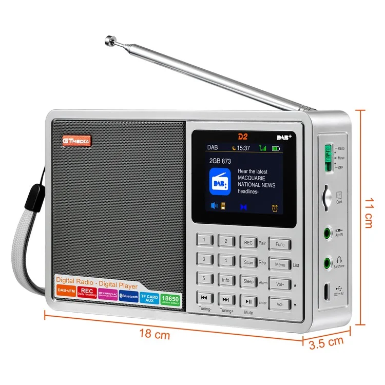 GTMEDIA D2 Receptor de Radio Digital Receptor DAB+FM RDS Bluetooth Reproductor MP3 REC Grabador Soporte Tarjeta TF