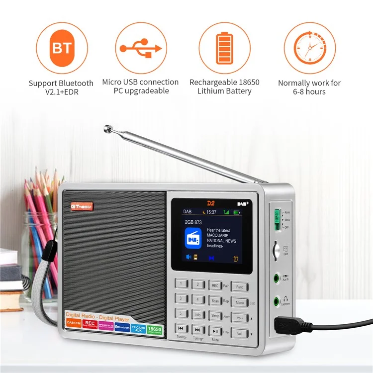 GTMEDIA D2 Receptor de Radio Digital Receptor DAB+FM RDS Bluetooth Reproductor MP3 REC Grabador Soporte Tarjeta TF