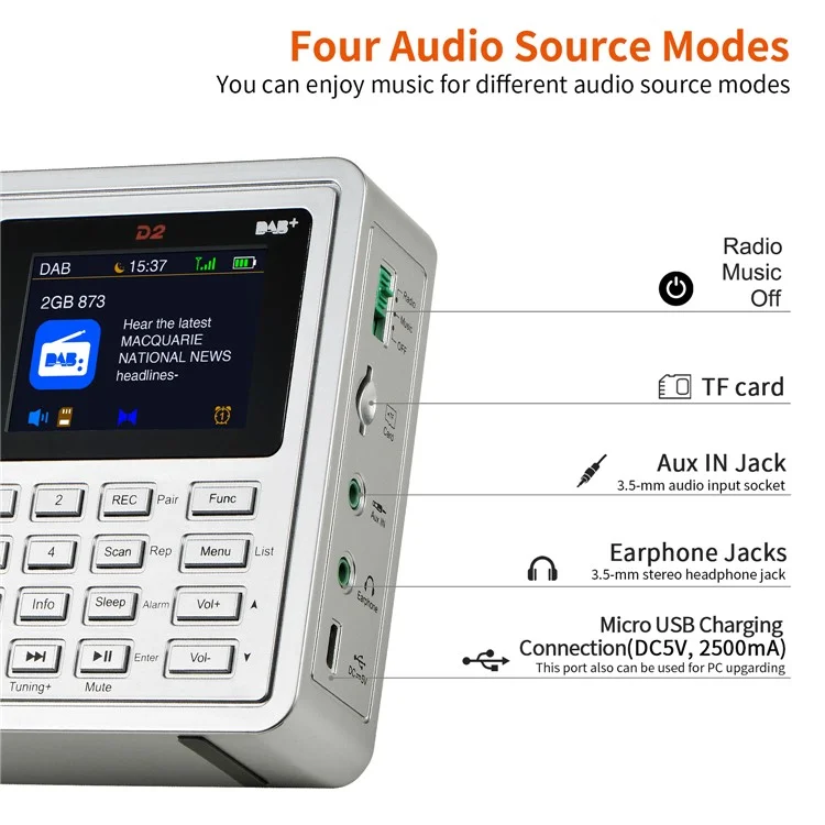 GTMEDIA D2 Receptor de Radio Digital Receptor DAB+FM RDS Bluetooth Reproductor MP3 REC Grabador Soporte Tarjeta TF