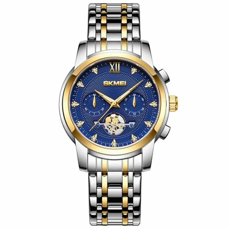 SKMEI 7078 Stylish Men Wrist Watch Waterproof Luminous Quartz Watch - Silver+Gold Strap / Blue Dial