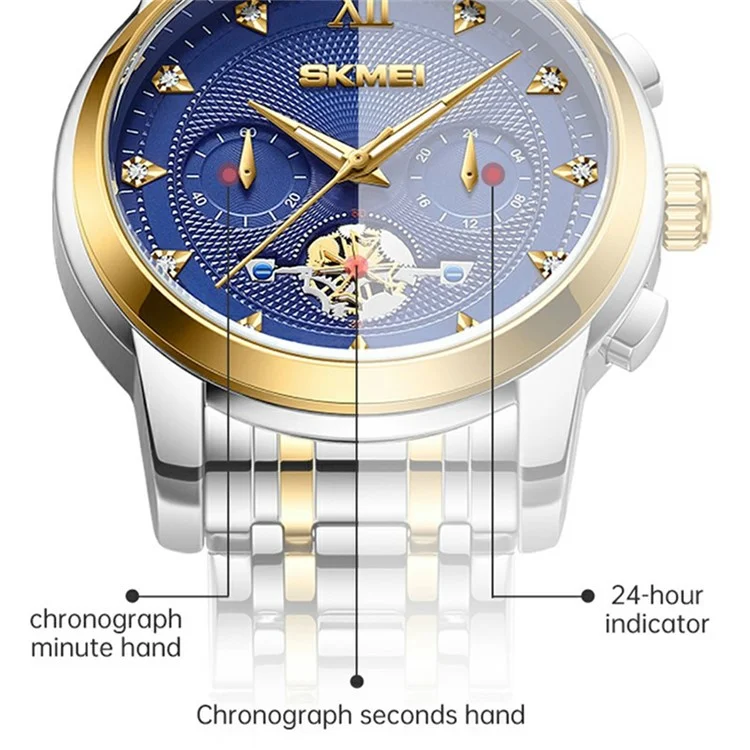 SKMEI 7078 Stylish Men Wrist Watch Waterproof Luminous Quartz Watch - Silver+Gold Strap / Blue Dial