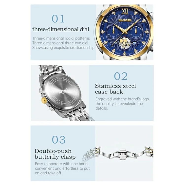SKMEI 7078 Stylish Men Wrist Watch Waterproof Luminous Quartz Watch - Silver+Gold Strap / Blue Dial