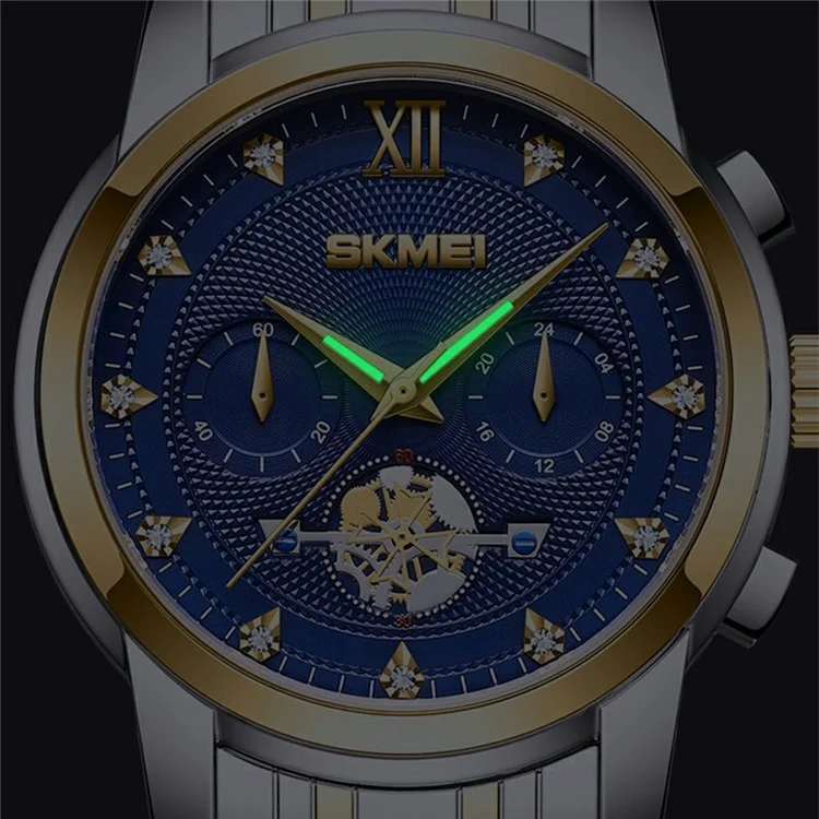 SKMEI 7078 Stylish Men Wrist Watch Waterproof Luminous Quartz Watch - Silver+Gold Strap / Blue Dial