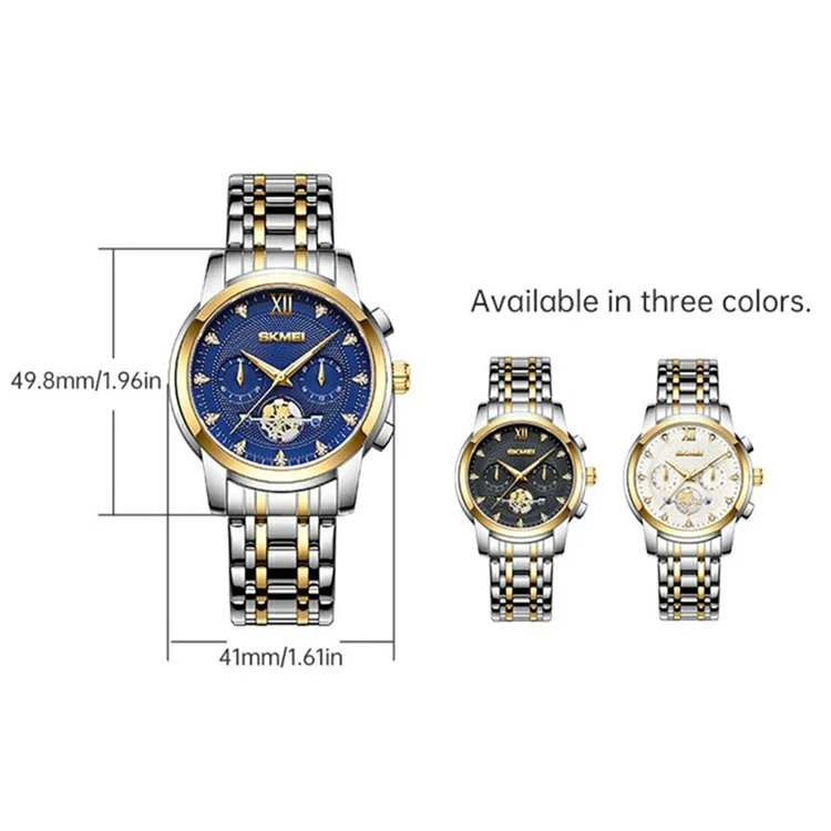 SKMEI 7078 Stylish Men Wrist Watch Waterproof Luminous Quartz Watch - Silver+Gold Strap / Blue Dial