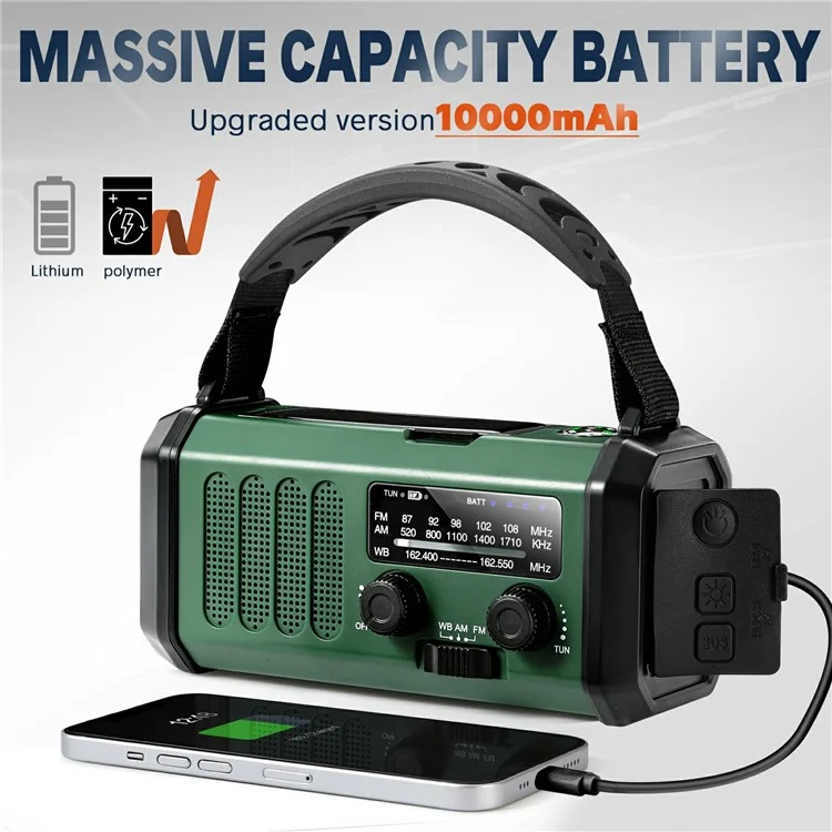 XSY330 Outdoor Solar Power Hand Crank FM / AM / WB Radio LED Light 10000mAh Power Bank - Army Green