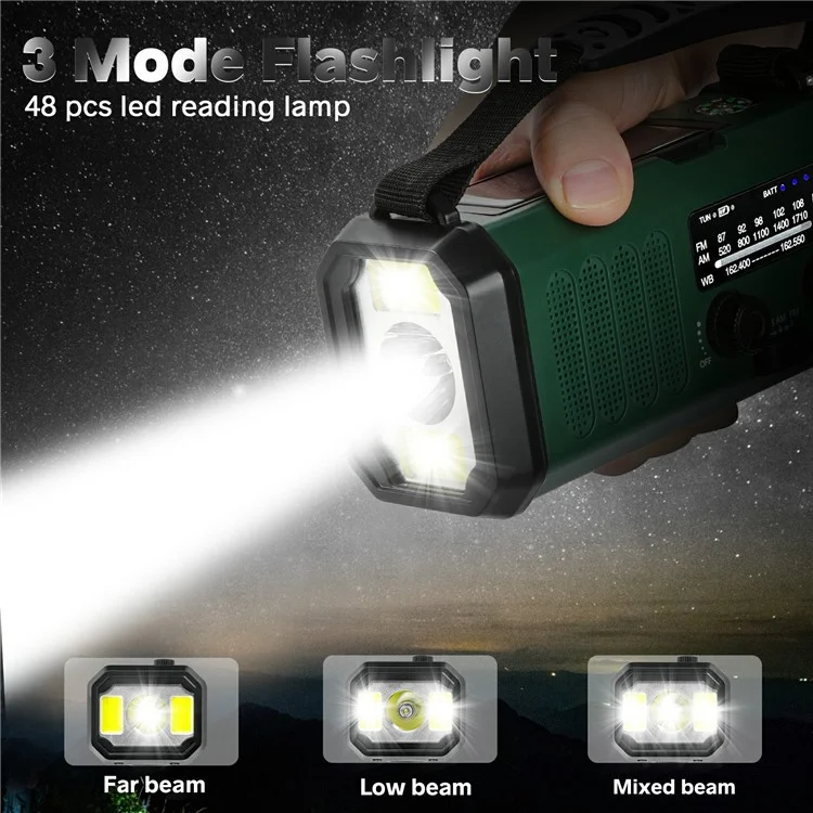 XSY330 Outdoor Solar Power Hand Crank FM / AM / WB Radio LED Light 10000mAh Power Bank - Army Green