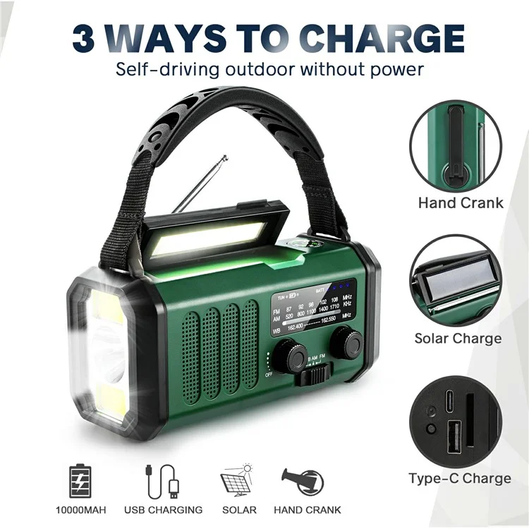 XSY330 Outdoor Solar Power Hand Crank FM / AM / WB Radio LED Light 10000mAh Power Bank - Army Green