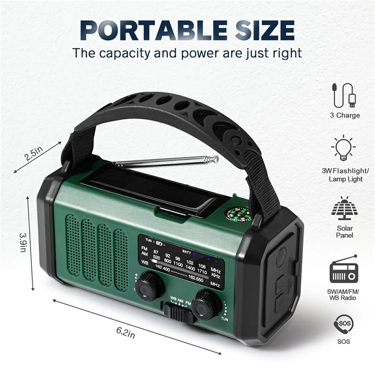 XSY330 Outdoor Solar Power Hand Crank FM / AM / WB Radio LED Light 10000mAh Power Bank - Army Green