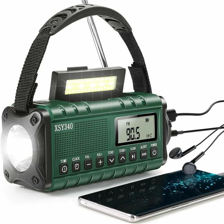XSY340 Digital Display Outdoor Solar Hand Crank FM Radio Flashlight 10000mAh Power Bank - Army Green