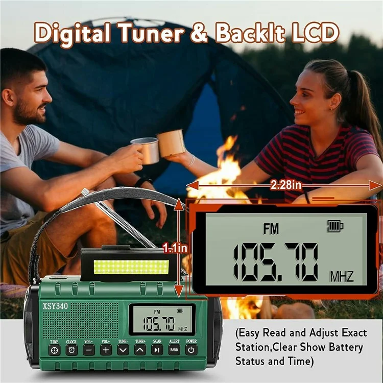 XSY340 Digital Display Outdoor Solar Hand Crank FM Radio Flashlight 10000mAh Power Bank - Army Green