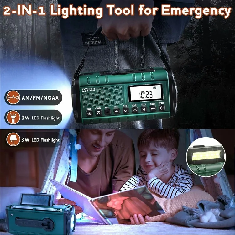 XSY340 Digital Display Outdoor Solar Hand Crank FM Radio Flashlight 10000mAh Power Bank - Army Green