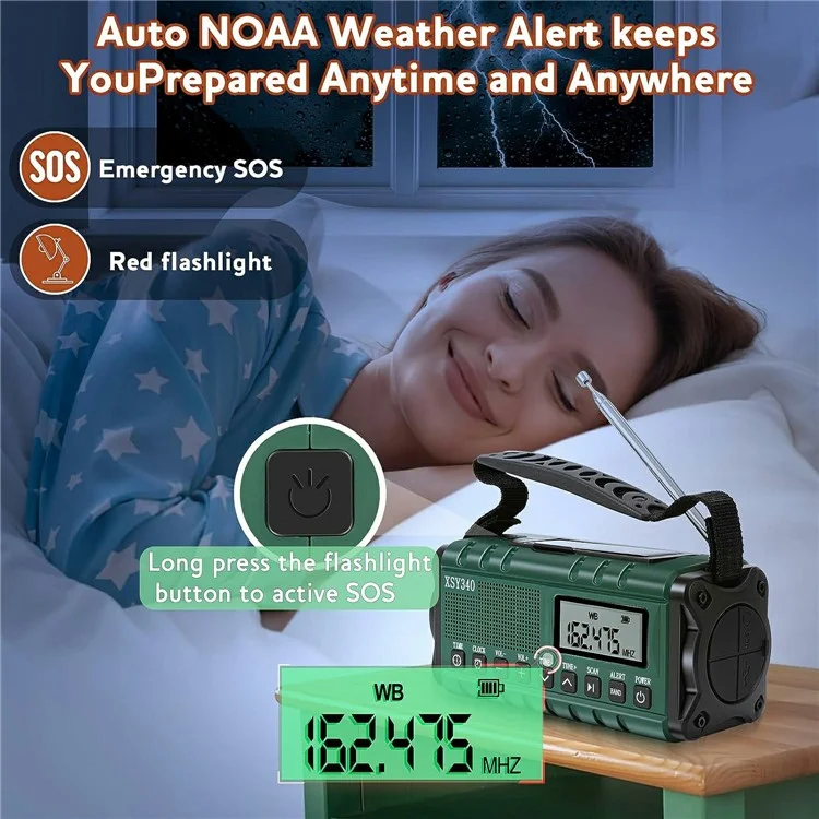 XSY340 Digital Display Outdoor Solar Hand Crank FM Radio Flashlight 10000mAh Power Bank - Army Green