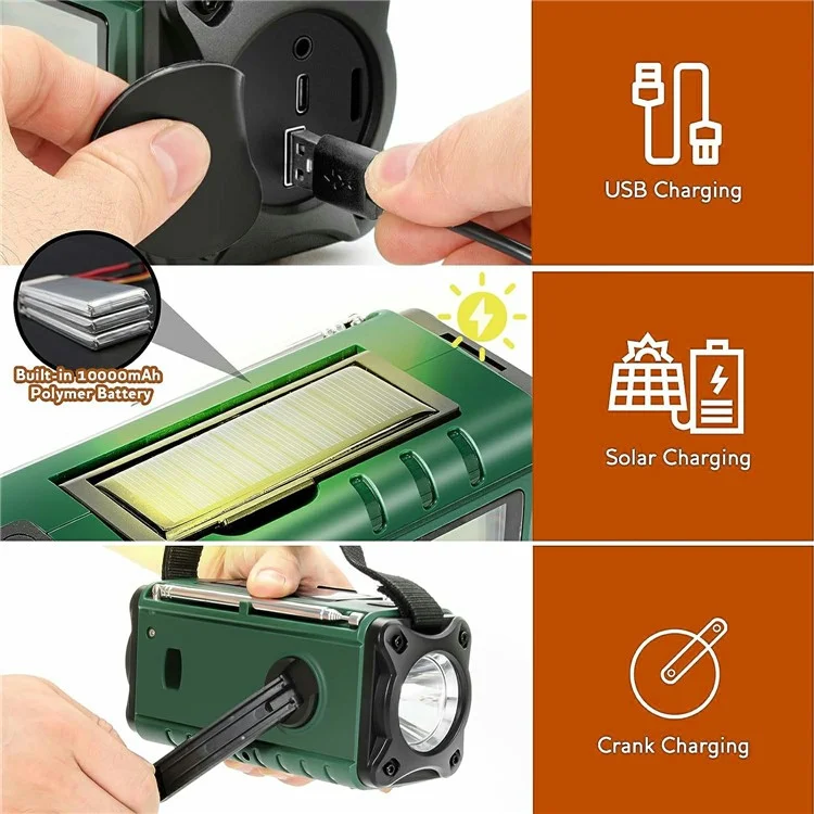 XSY340 Digital Display Outdoor Solar Hand Crank FM Radio Flashlight 10000mAh Power Bank - Army Green