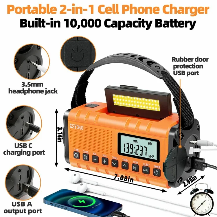 XSY340 Digital Display Outdoor Solar Hand Crank FM Radio Flashlight 10000mAh Power Bank - Army Green