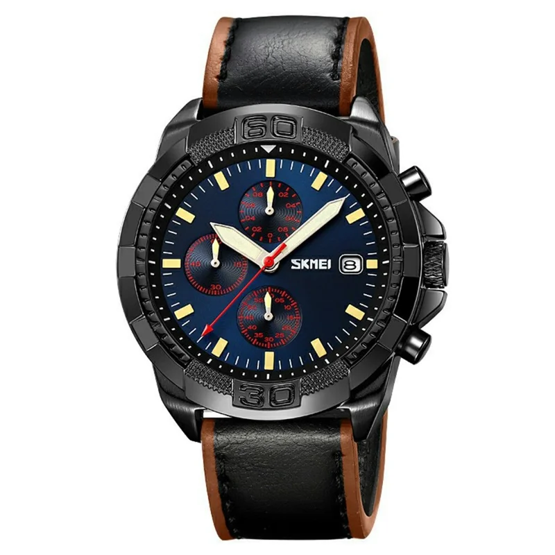 SKMEI 9347 Reloj de cuarzo con correa de cuero y calendario luminoso para hombre, de estilo - Correa negra / Esfera azul