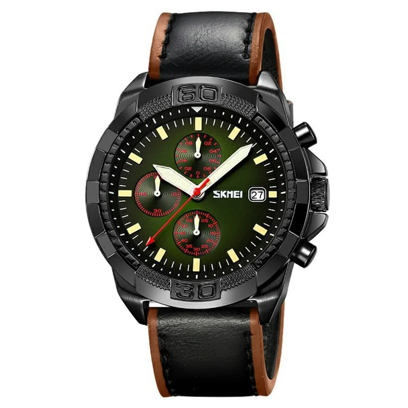 SKMEI 9347 Stylish Men Leather Strap Luminous Calendar Quartz Watch - Black Strap / Green Dial