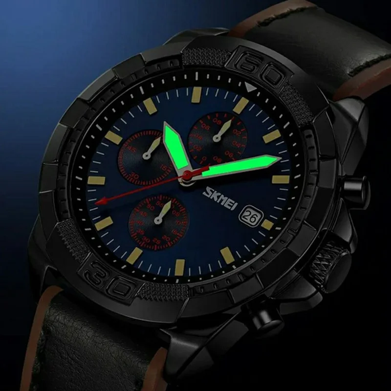 SKMEI 9347 Stylish Men Leather Strap Luminous Calendar Quartz Watch - Black Strap / Green Dial