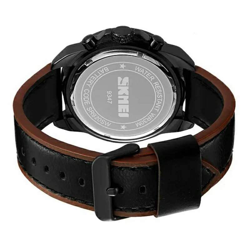 SKMEI 9347 Stylish Men Leather Strap Luminous Calendar Quartz Watch - Black Strap / Green Dial
