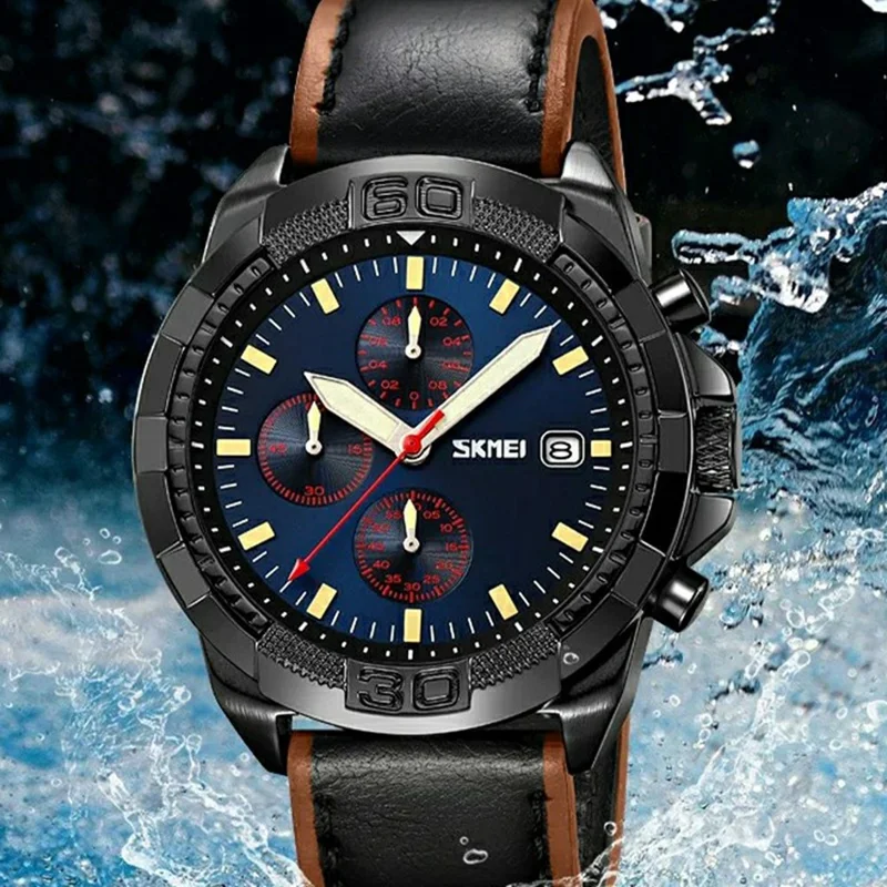 SKMEI 9347 Stylish Men Leather Strap Luminous Calendar Quartz Watch - Black Strap / Green Dial