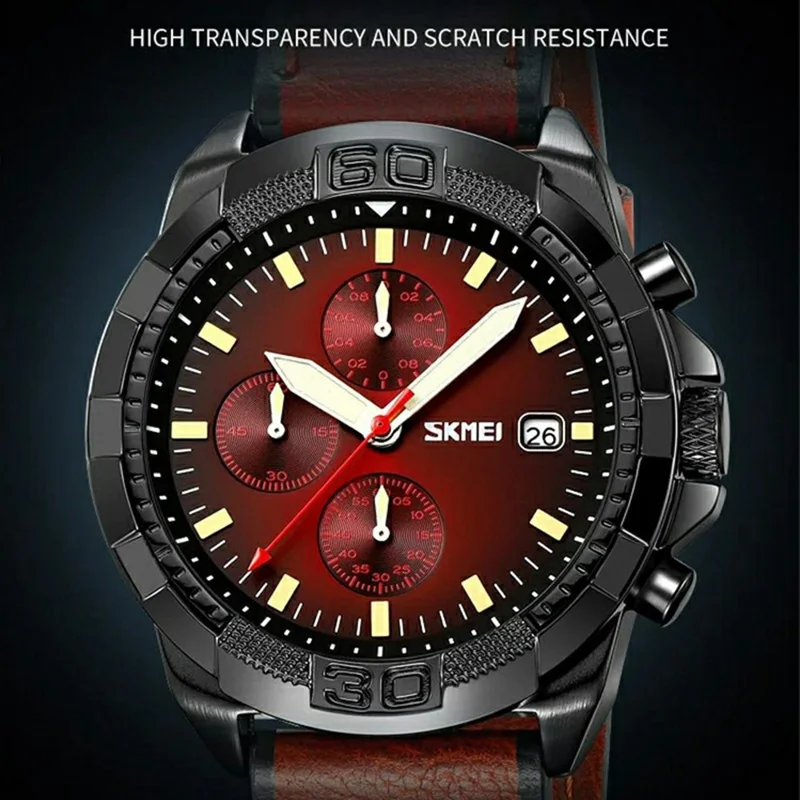 SKMEI 9347 Stylish Men Leather Strap Luminous Calendar Quartz Watch - Black Strap / Green Dial