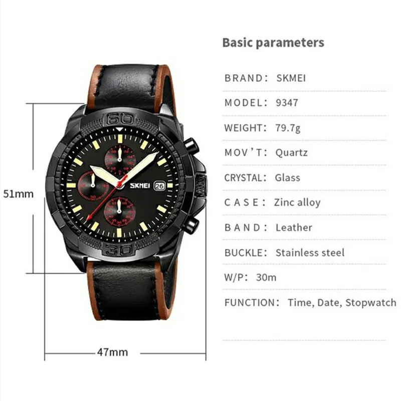 SKMEI 9347 Stylish Men Leather Strap Luminous Calendar Quartz Watch - Black Strap / Green Dial
